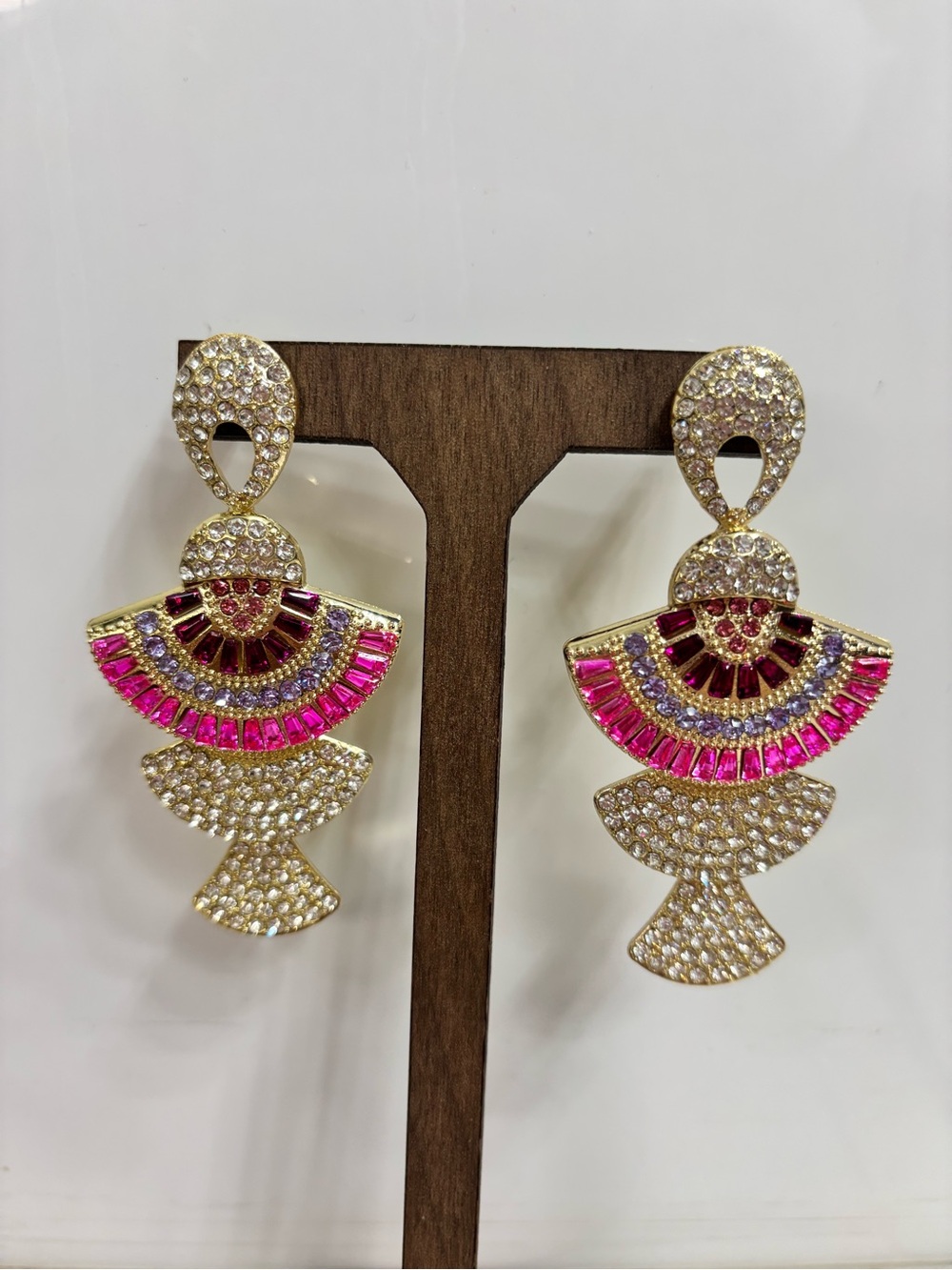 Women's Gold-Tone Pink Crystal Fan Drop Statement Earrings NWOT